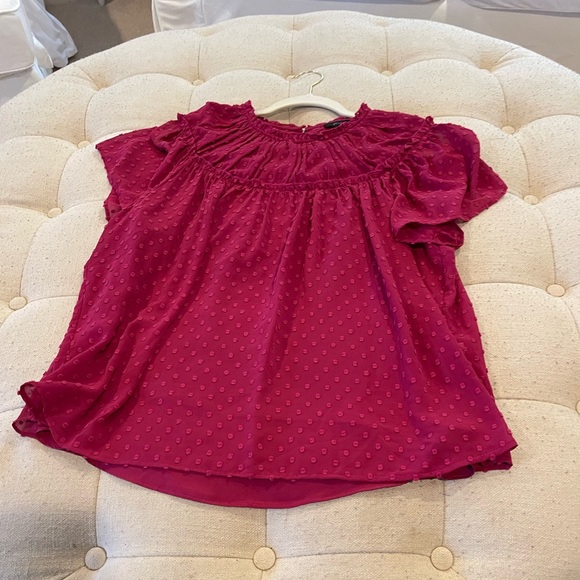 Jcrew raspberry Gathered Bib Top in Drapey Swiss Dot short sleeve shirt - Picture 3 of 10